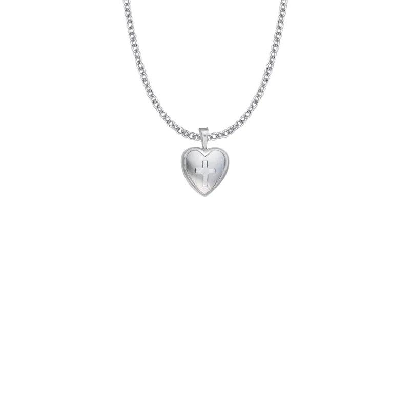 11/16 Inch Sterling Silver Engraved Cross on Heart Locket Necklace