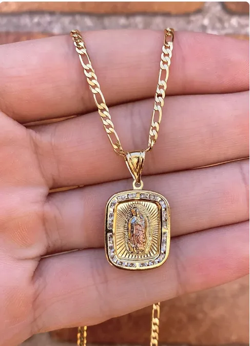 14K Gold Filled Virgem de Guadalupe Pendant CZ Figaro Chain Necklace Mens Womens
