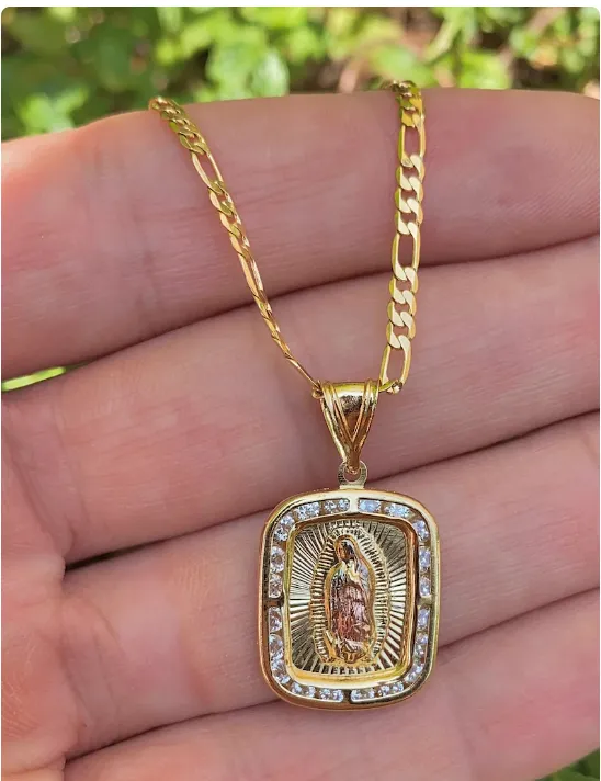 14K Gold Filled Virgem de Guadalupe Pendant CZ Figaro Chain Necklace Mens Womens