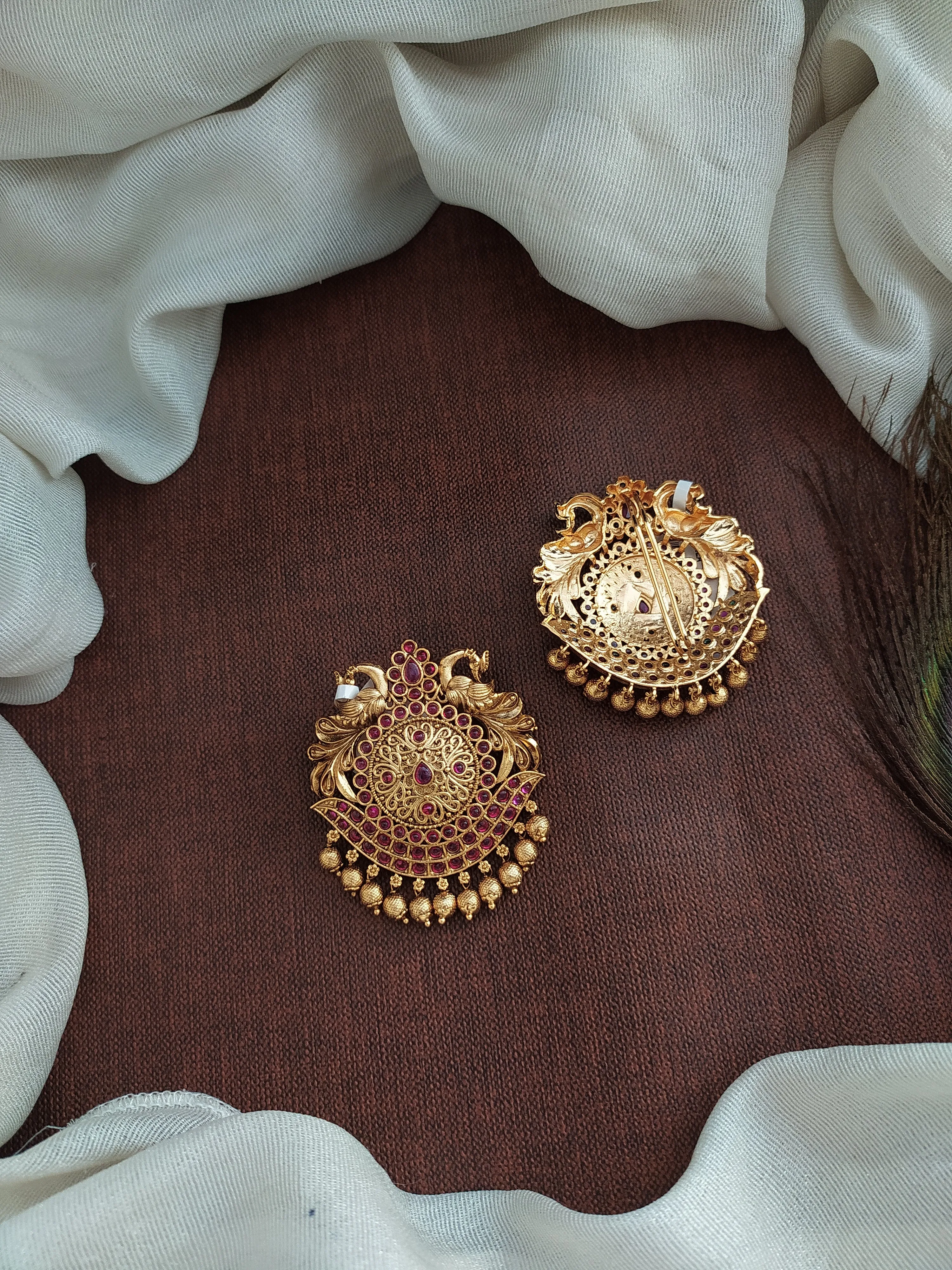 Antique Hair Brooch | Traditional Billa / Choti with Kemp and Green Stones