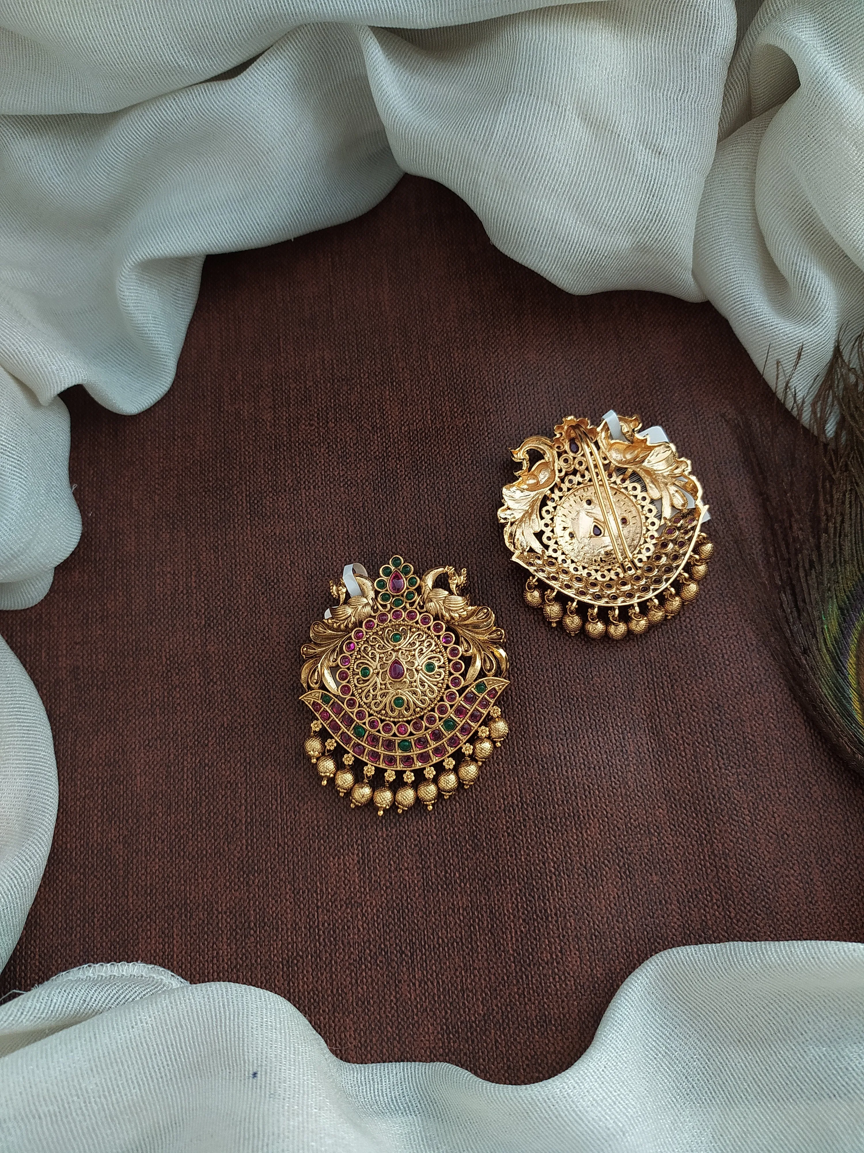 Antique Hair Brooch | Traditional Billa / Choti with Kemp and Green Stones
