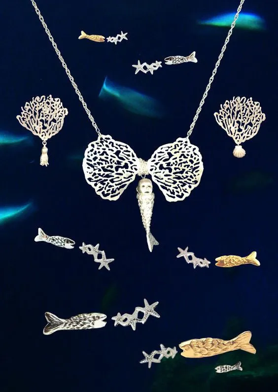 Baby Mermaid and Coral Bow Necklace Silver