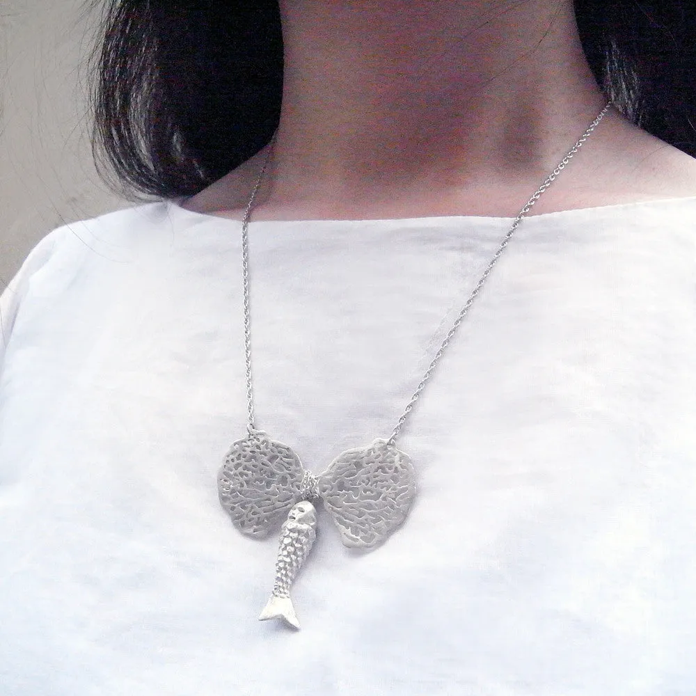 Baby Mermaid and Coral Bow Necklace Silver