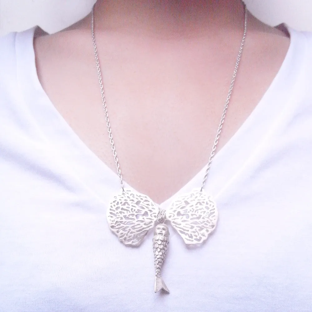Baby Mermaid and Coral Bow Necklace Silver