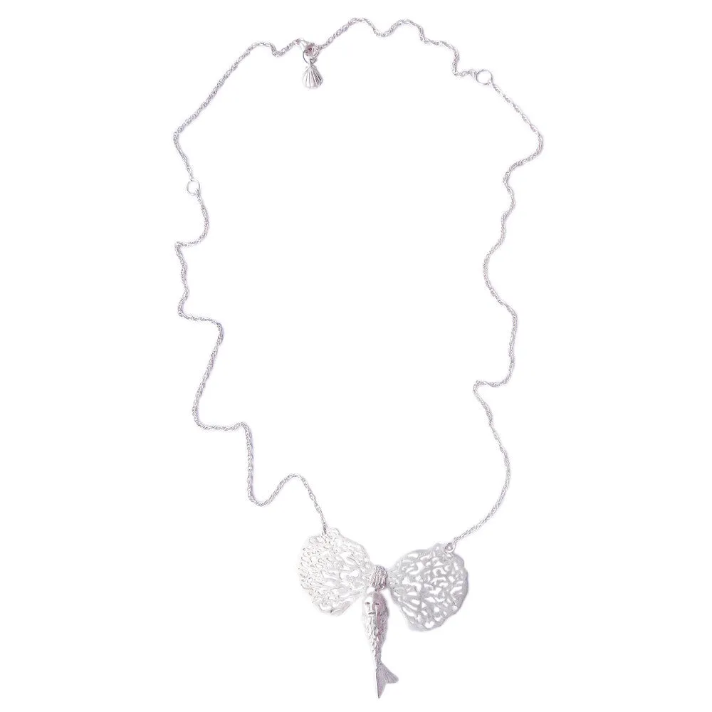 Baby Mermaid and Coral Bow Necklace Silver