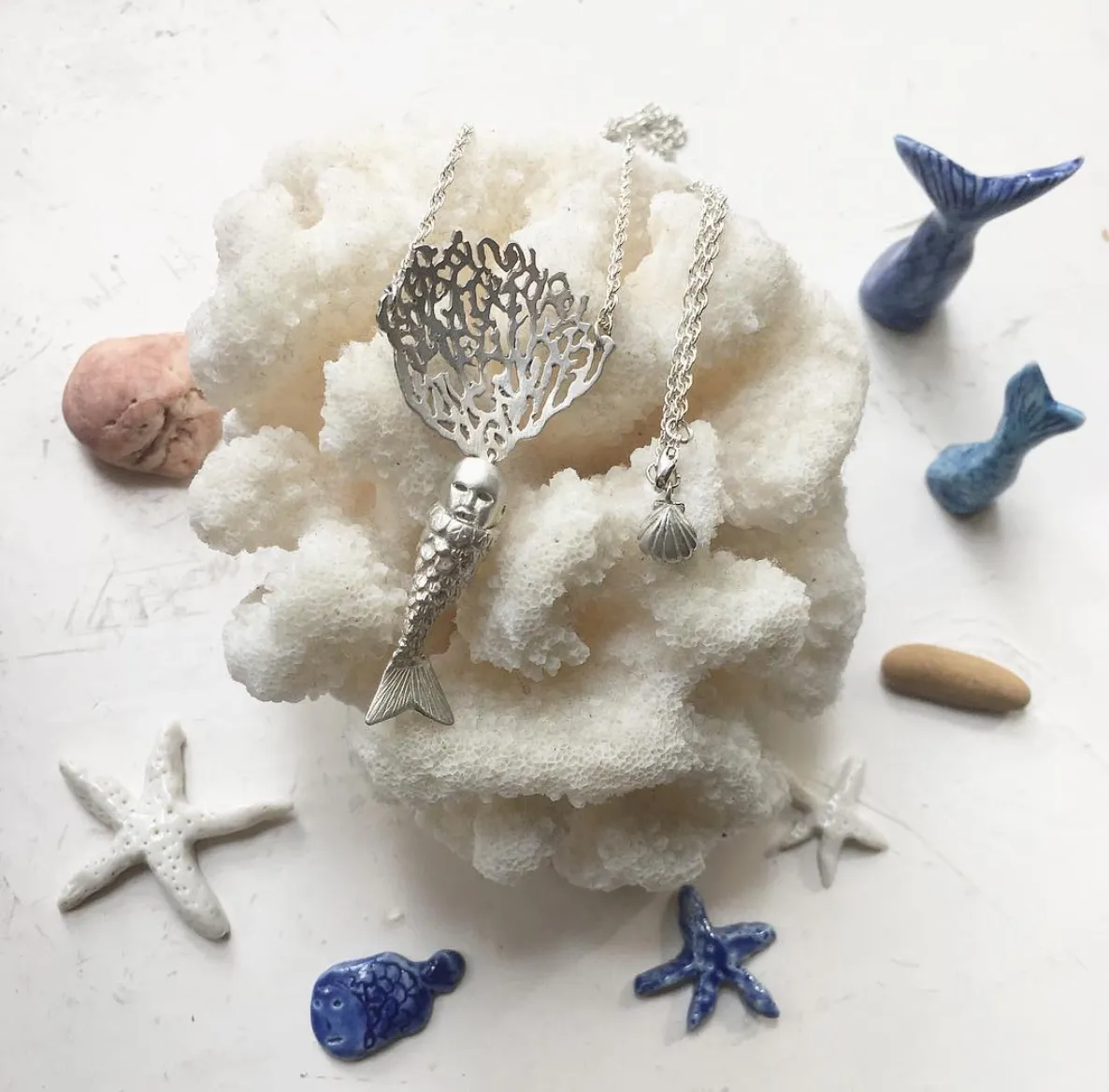 Baby Mermaid and Coral Necklace Silver