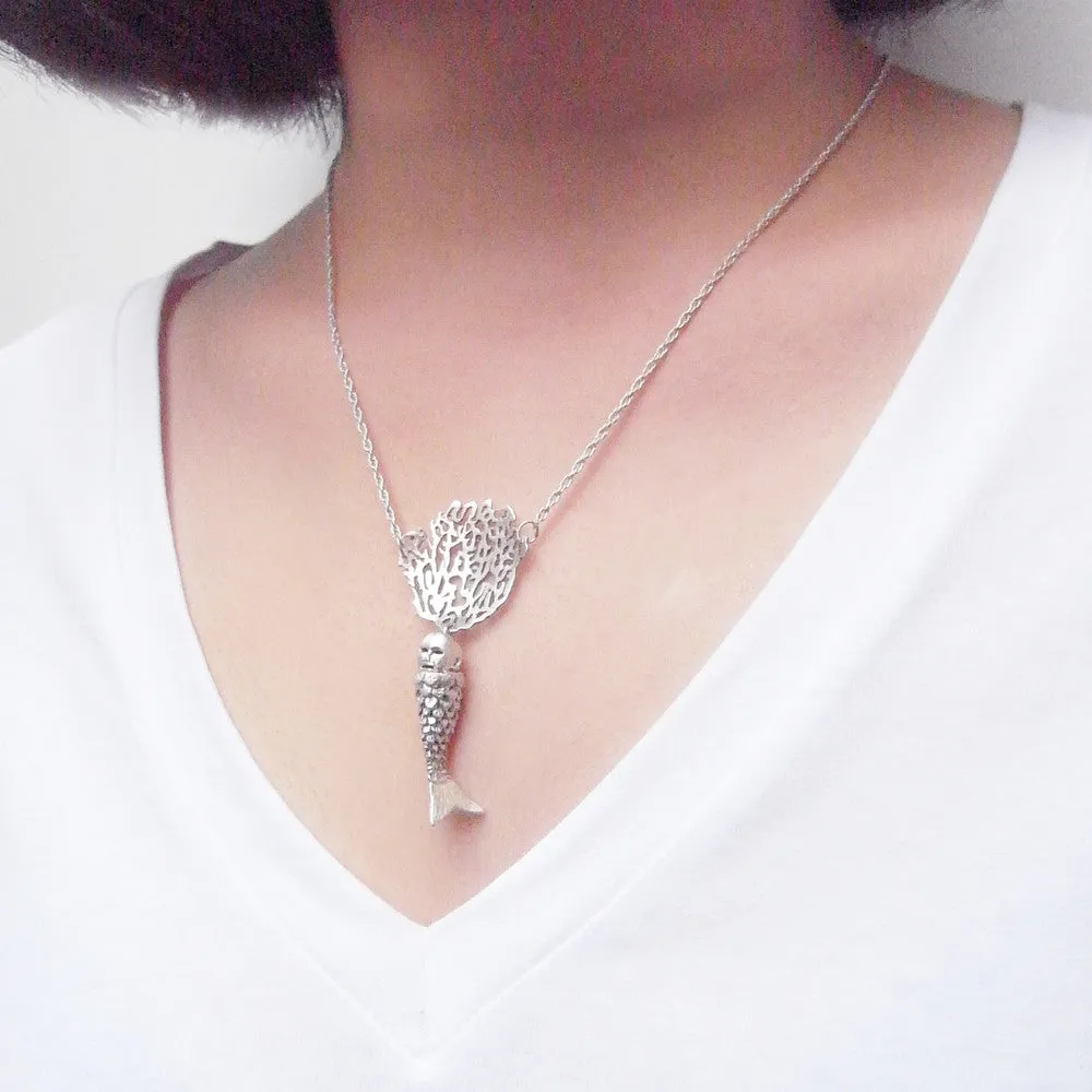Baby Mermaid and Coral Necklace Silver