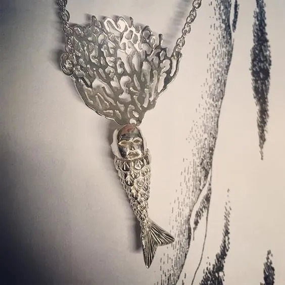 Baby Mermaid and Coral Necklace Silver