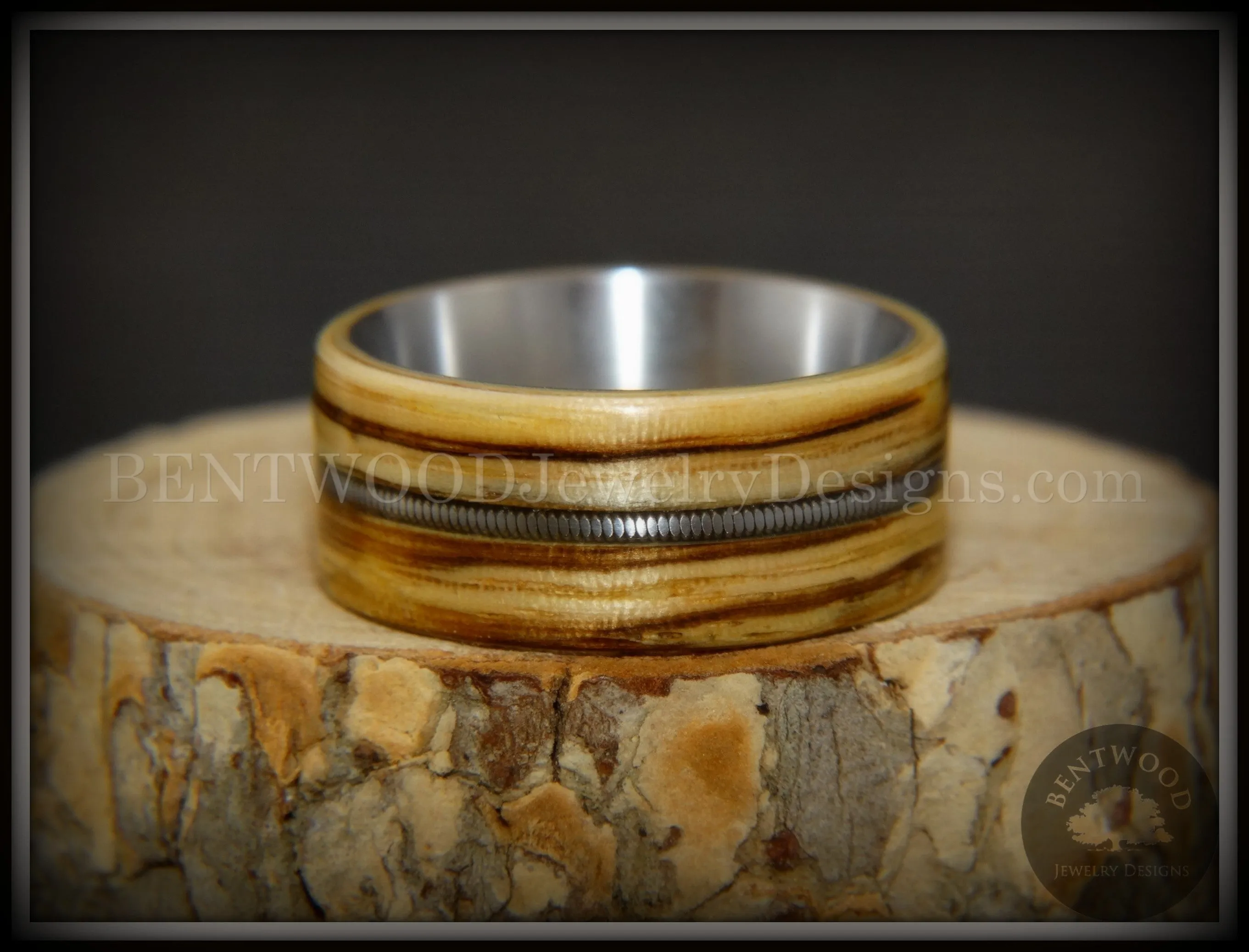 Bentwood Ring - "Striped Rocker" Zebrawood Ring with Silver Electric Guitar String Inlay on Comfort Fit Titanium Steel Core