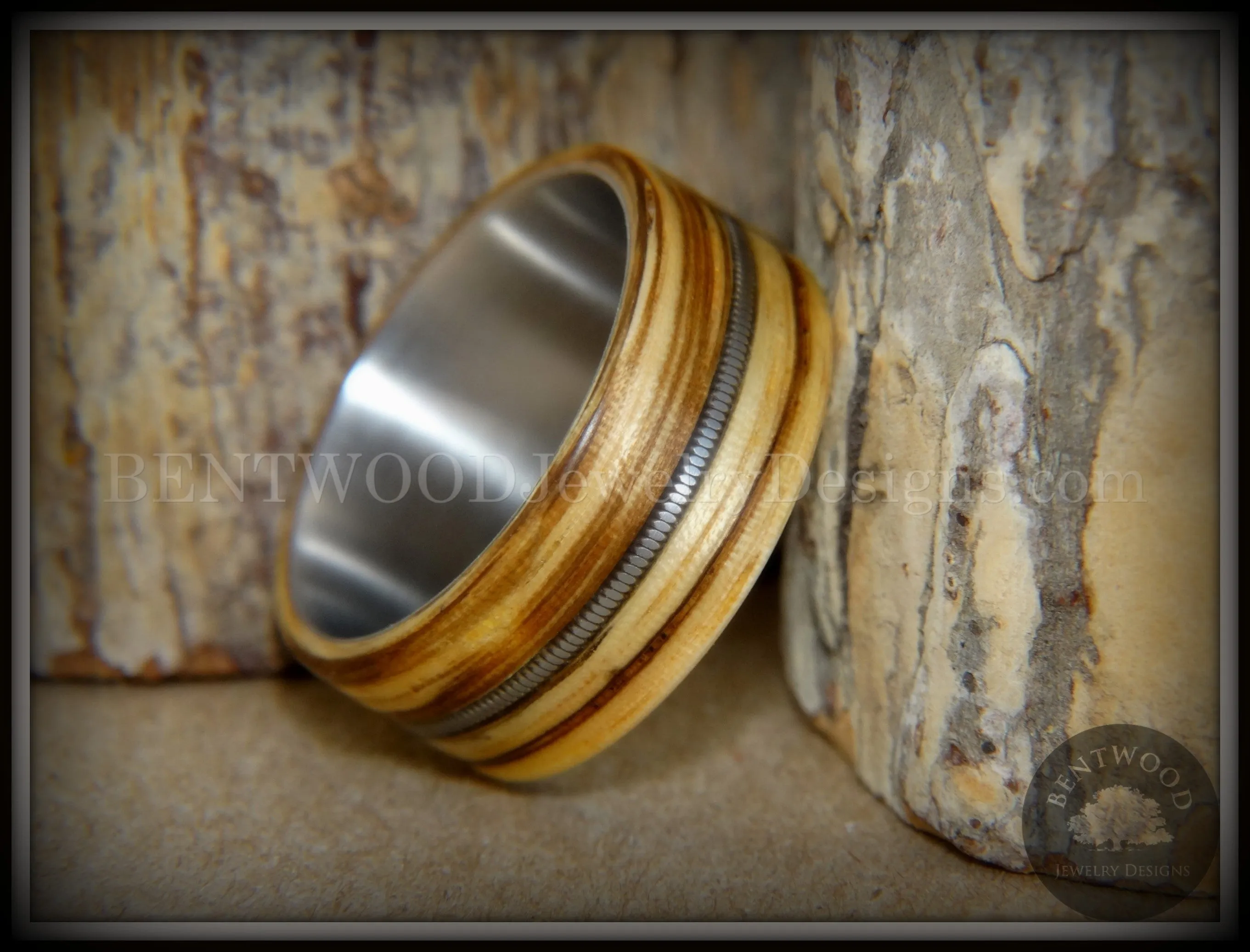 Bentwood Ring - "Striped Rocker" Zebrawood Ring with Silver Electric Guitar String Inlay on Comfort Fit Titanium Steel Core