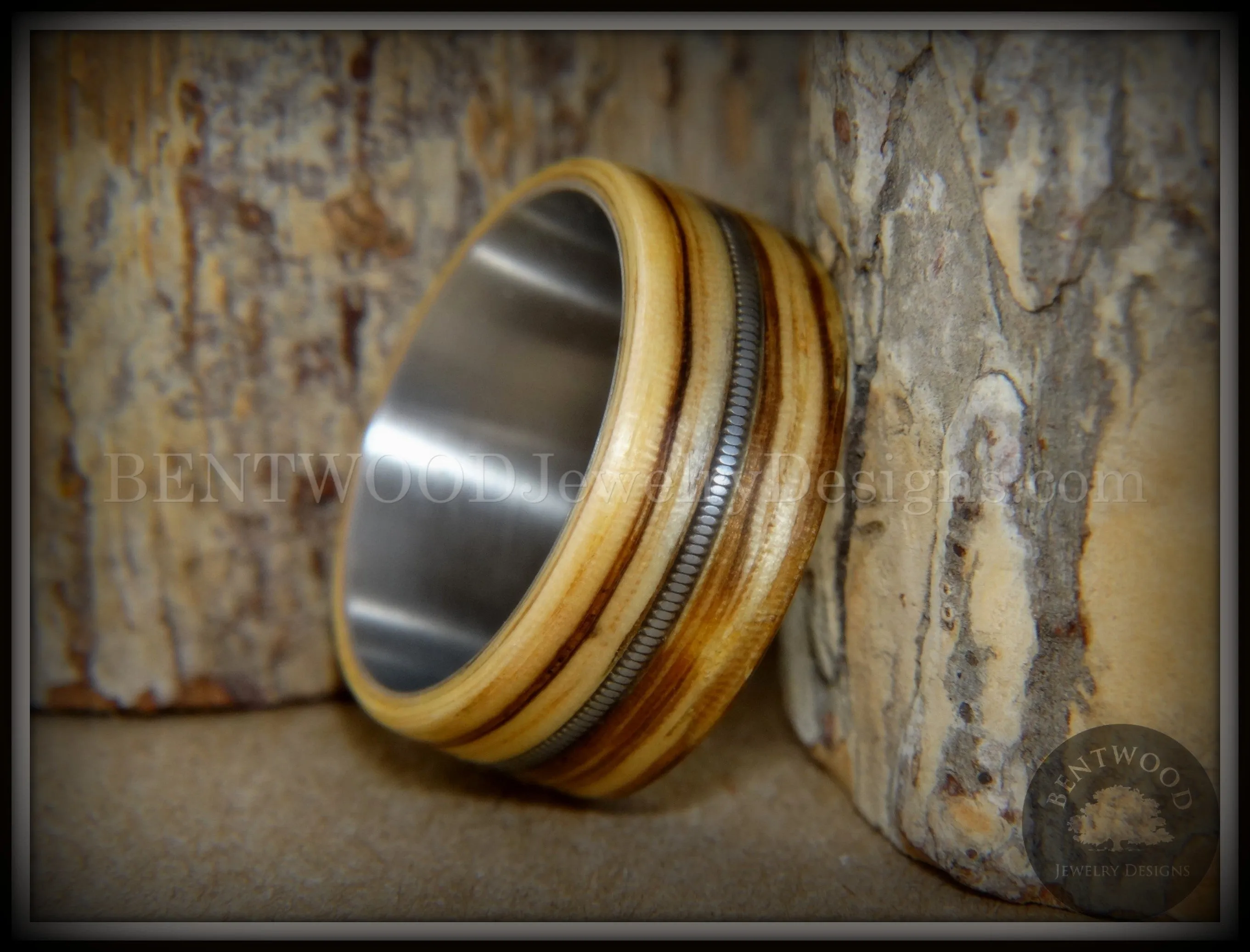 Bentwood Ring - "Striped Rocker" Zebrawood Ring with Silver Electric Guitar String Inlay on Comfort Fit Titanium Steel Core