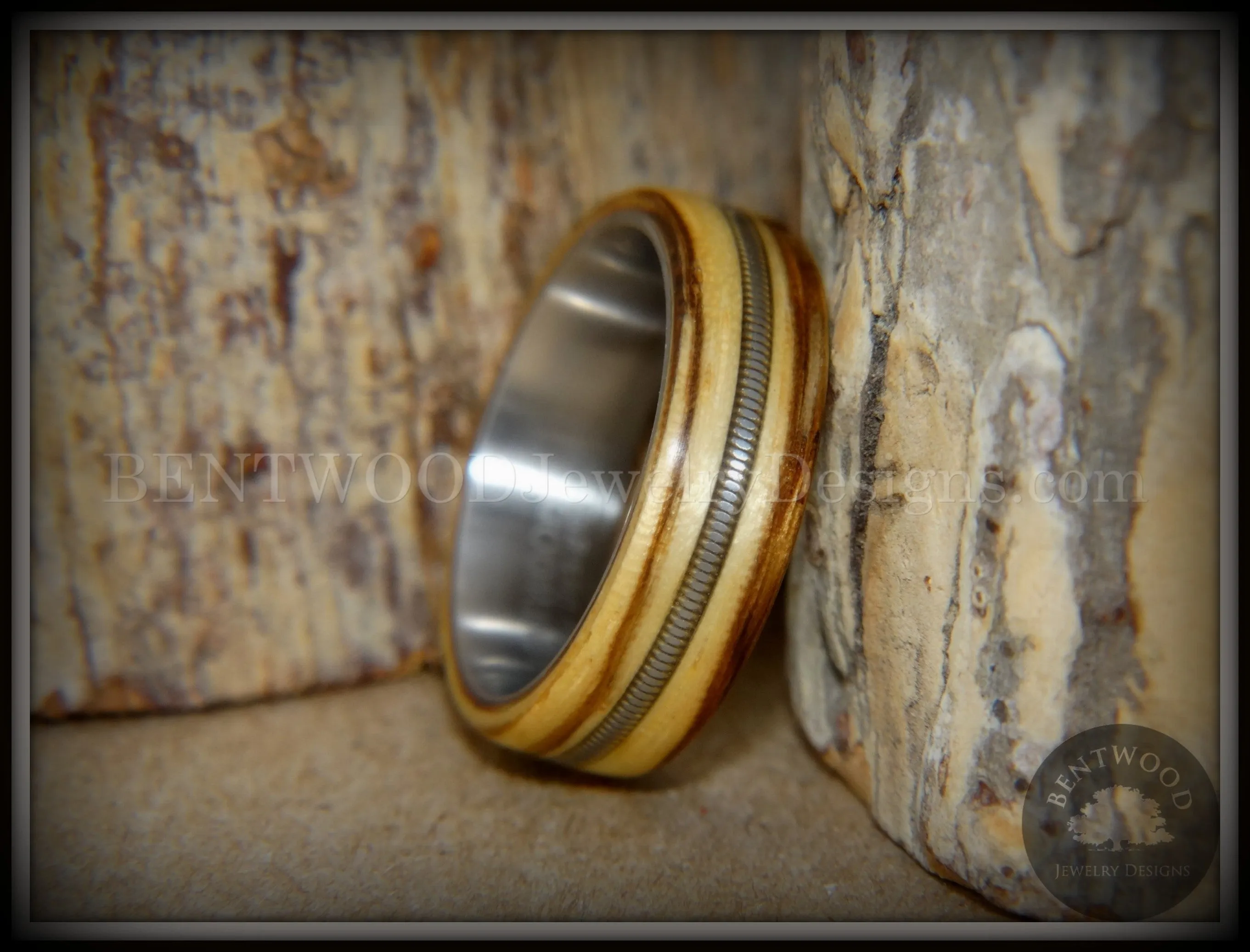 Bentwood Ring - "Striped Rocker" Zebrawood Ring with Silver Electric Guitar String Inlay on Comfort Fit Titanium Steel Core