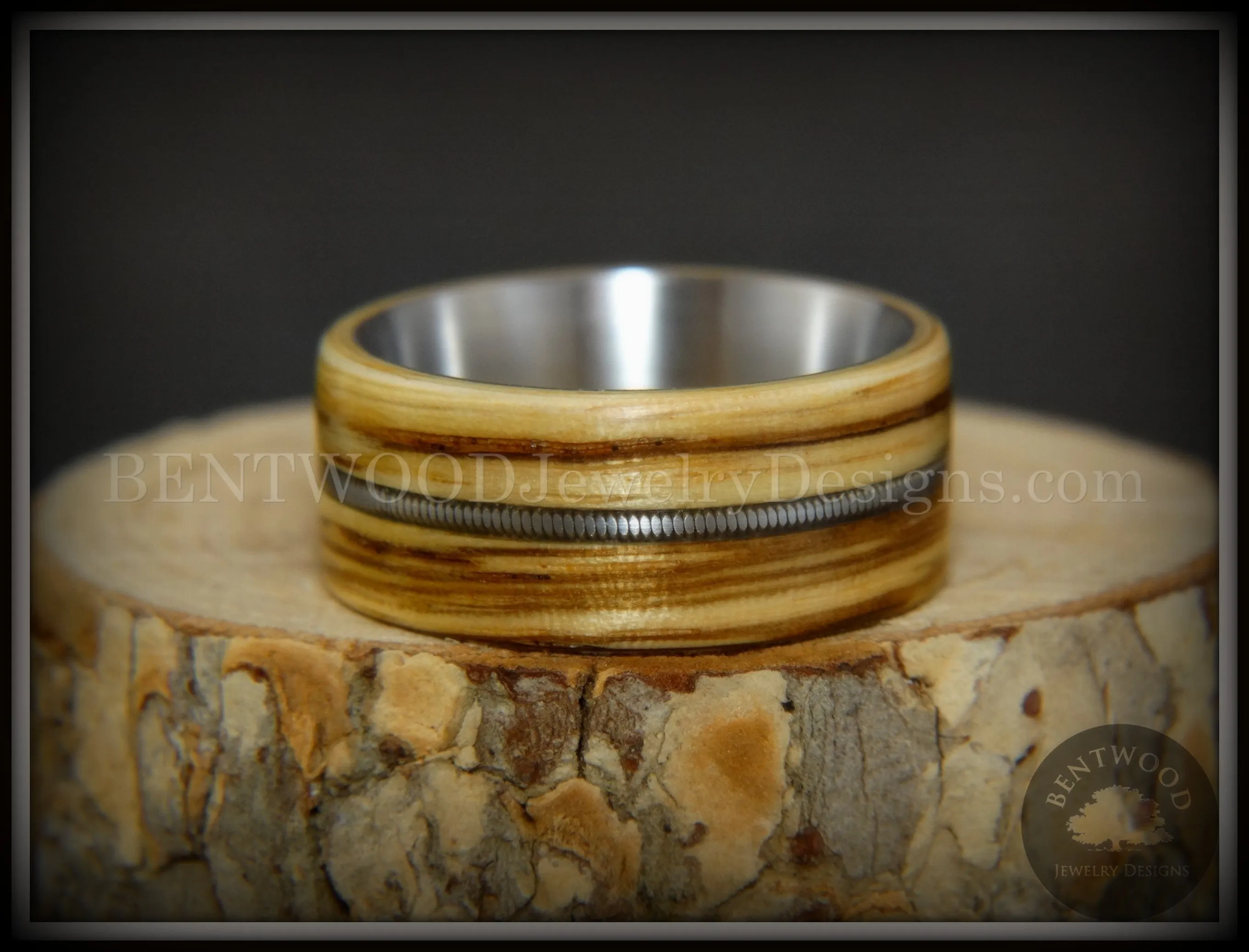 Bentwood Ring - "Striped Rocker" Zebrawood Ring with Silver Electric Guitar String Inlay on Comfort Fit Titanium Steel Core