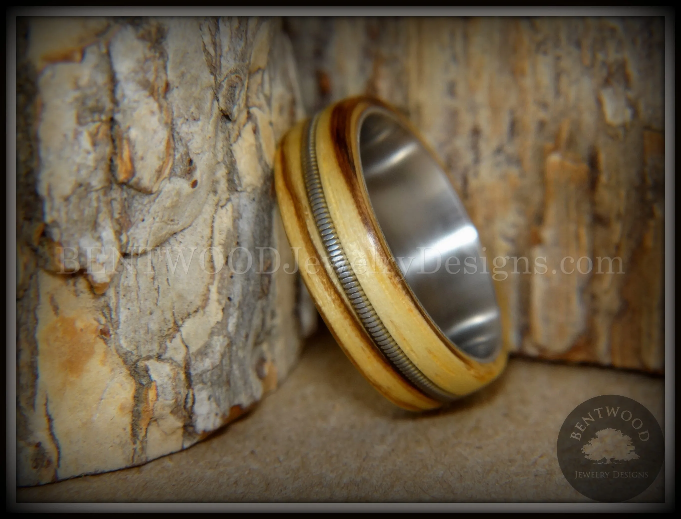 Bentwood Ring - "Striped Rocker" Zebrawood Ring with Silver Electric Guitar String Inlay on Comfort Fit Titanium Steel Core