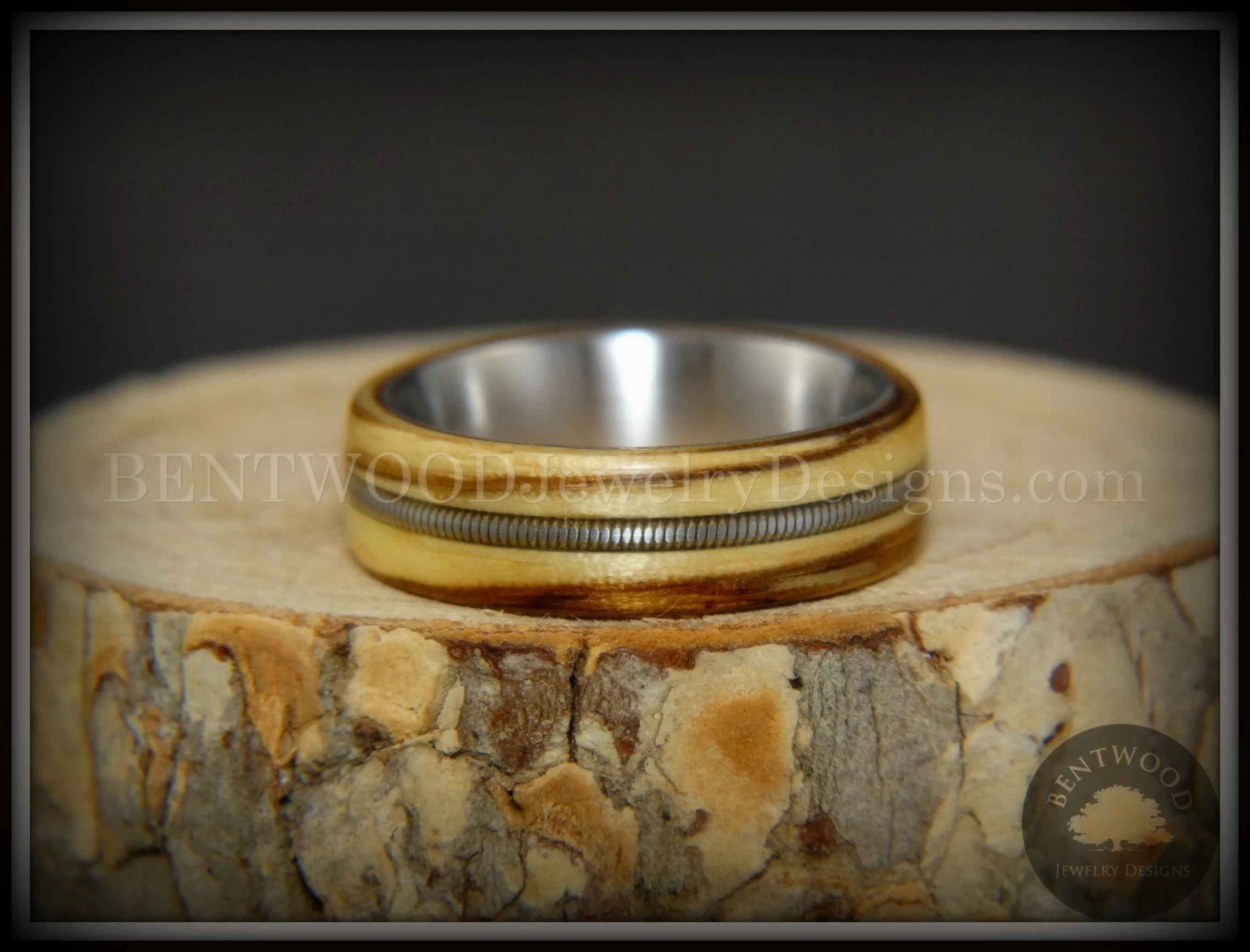 Bentwood Ring - "Striped Rocker" Zebrawood Ring with Silver Electric Guitar String Inlay on Comfort Fit Titanium Steel Core