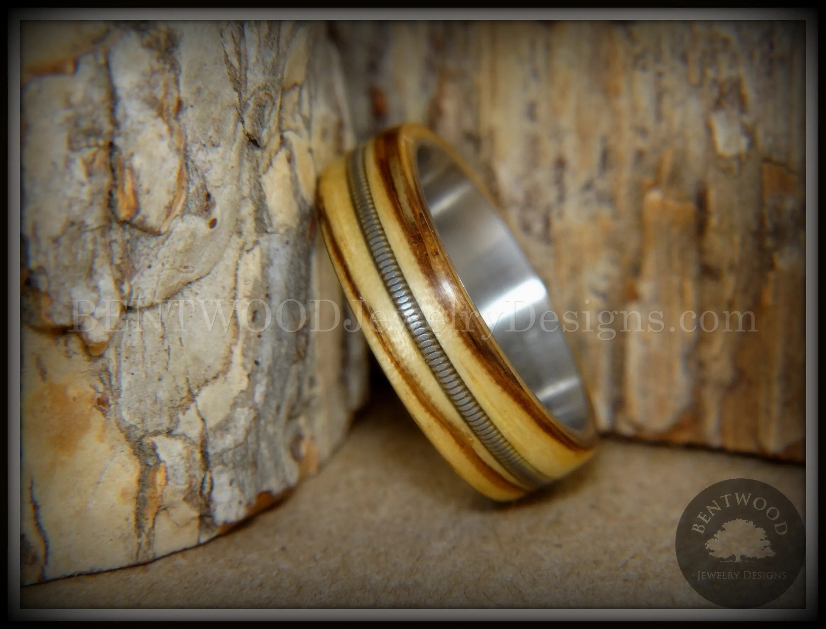 Bentwood Ring - "Striped Rocker" Zebrawood Ring with Silver Electric Guitar String Inlay on Comfort Fit Titanium Steel Core