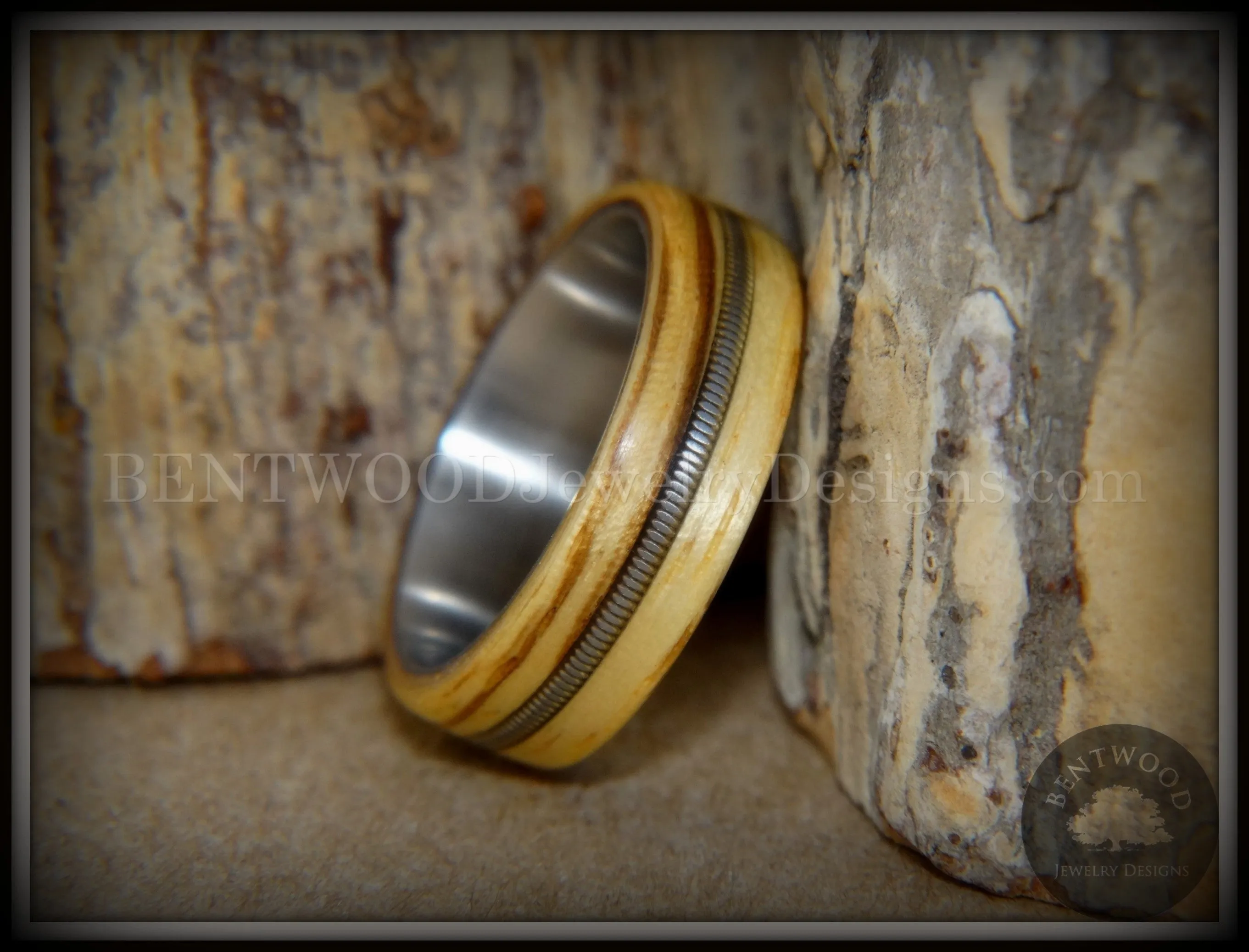 Bentwood Ring - "Striped Rocker" Zebrawood Ring with Silver Electric Guitar String Inlay on Comfort Fit Titanium Steel Core