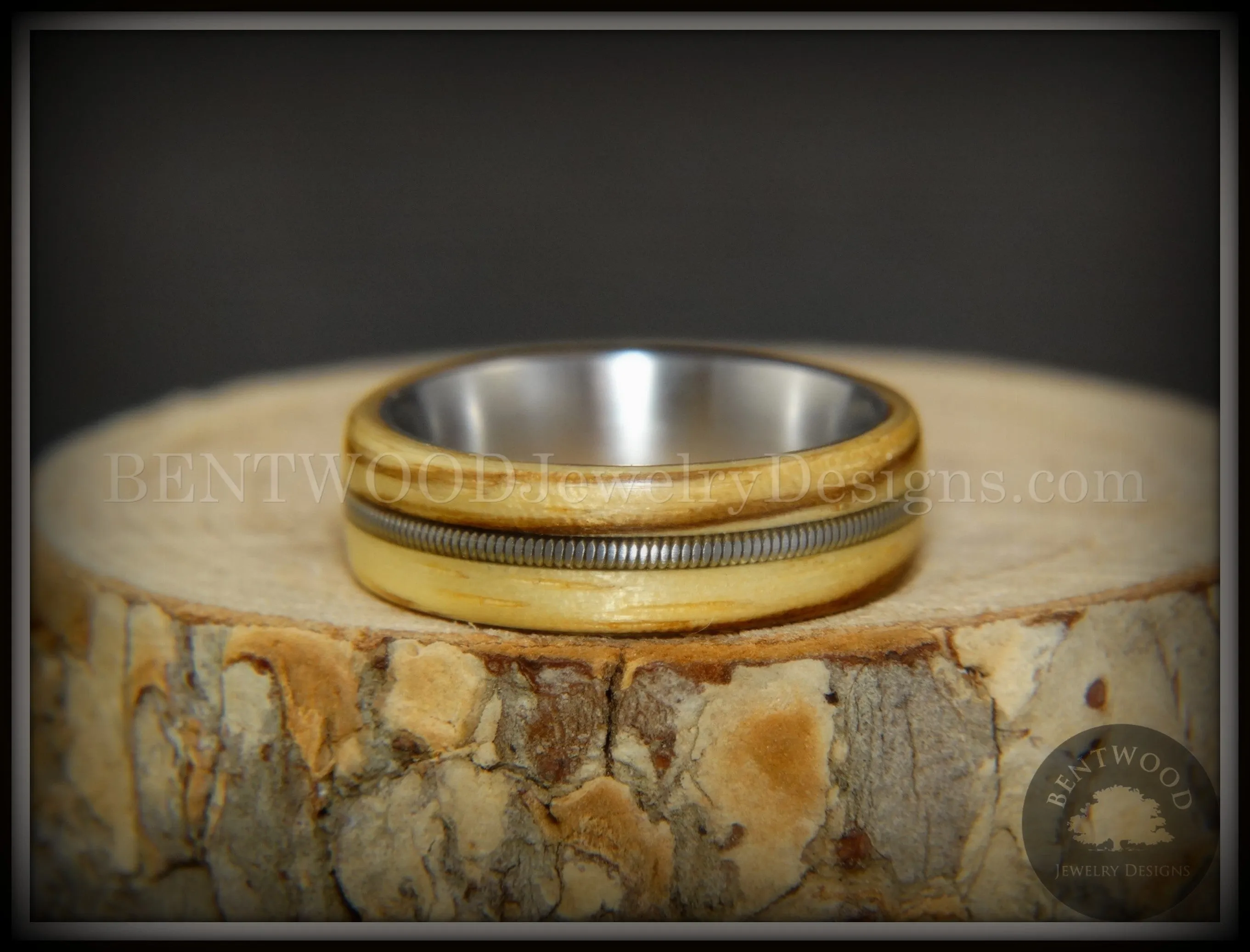 Bentwood Ring - "Striped Rocker" Zebrawood Ring with Silver Electric Guitar String Inlay on Comfort Fit Titanium Steel Core