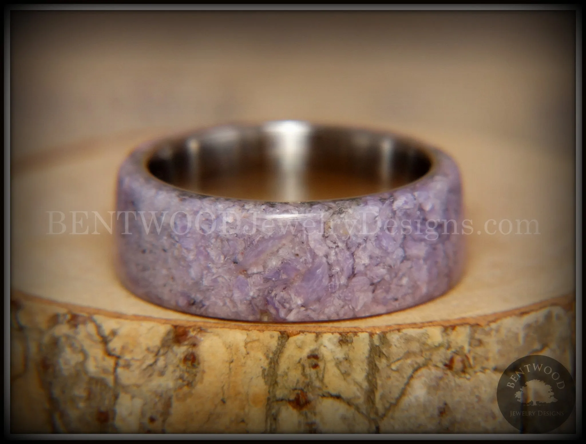 Bentwood Ring - "The Dreamer" Charoite Stone with Titanium Steel Comfort Fit Metal Core
