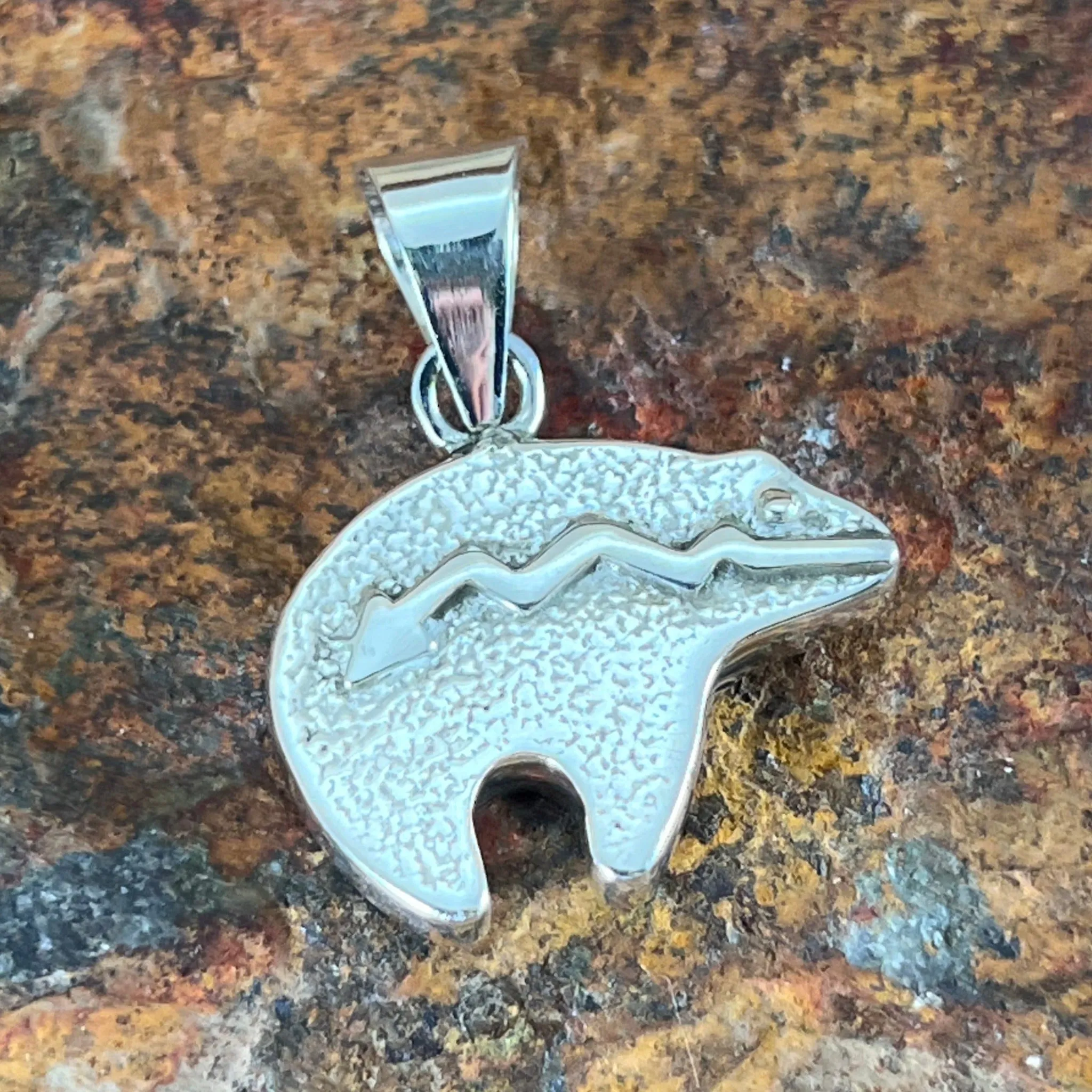 David Rosales White Buffalo Inlaid Sterling Silver Pendant Bear Reversable