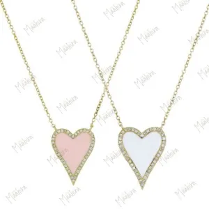 Diamond Heart Shape Necklace With White and Baby Pink Enamel
