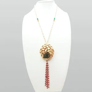 Green Agate, Rutilated Quartz, Torquoise, Peach Jade Animal (Dog) with Green Agate Tassel Necklace