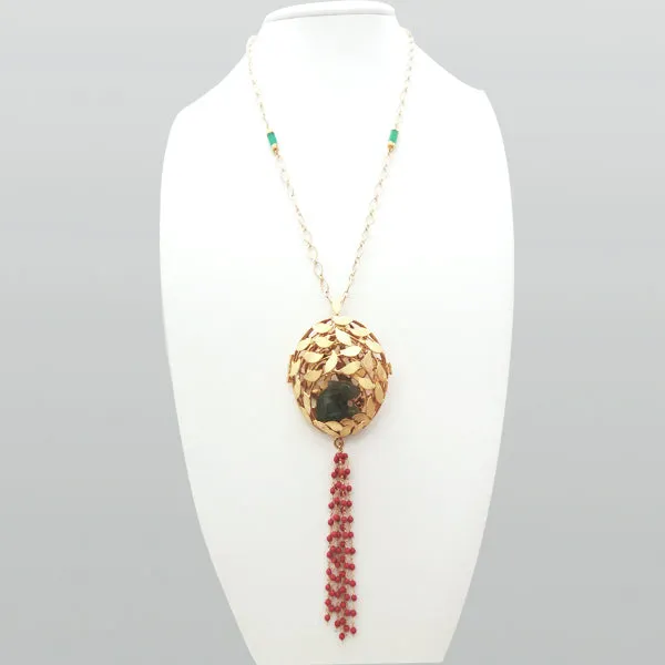 Green Agate, Rutilated Quartz, Torquoise, Peach Jade Animal (Dog) with Green Agate Tassel Necklace