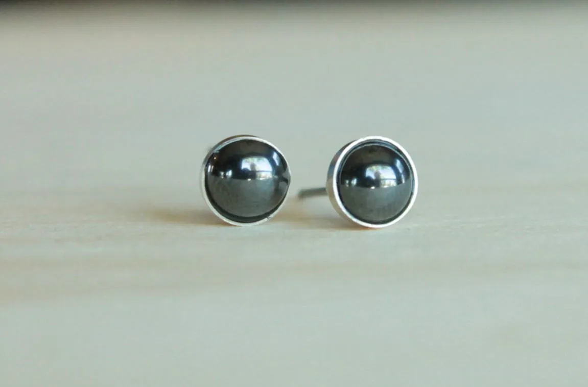 Hematite Bezel Gemstone, Large (Niobium or Titanium Post Earrings for Sensitive Ears)