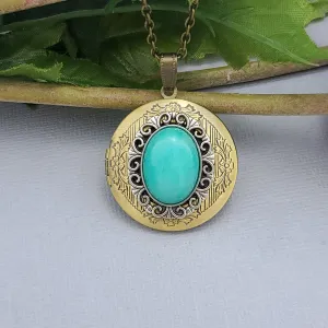Ox Brass Round Locket Amazonite Stone Necklace  Photo Locket.