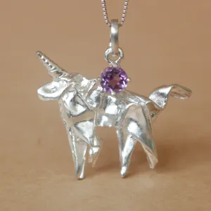 Silver Origami Unicorn Merry-go-round Necklace with Amethyst