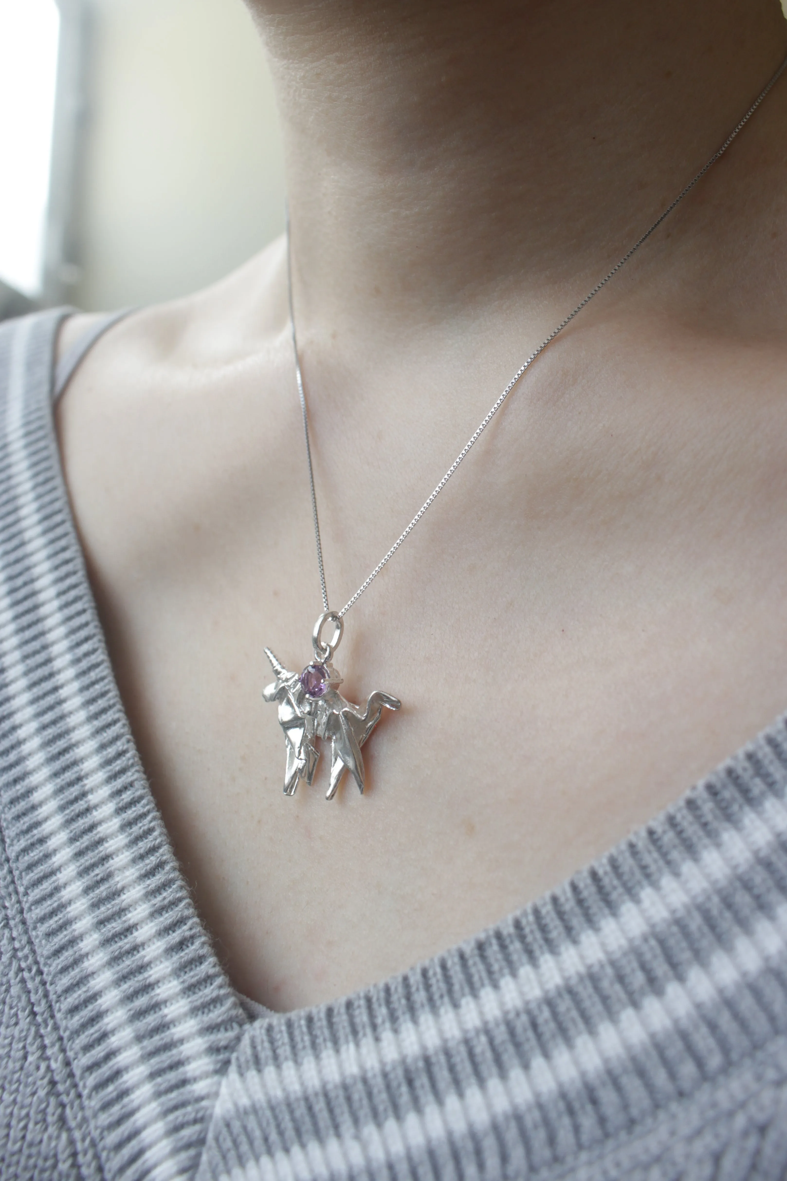 Silver Origami Unicorn Merry-go-round Necklace with Amethyst