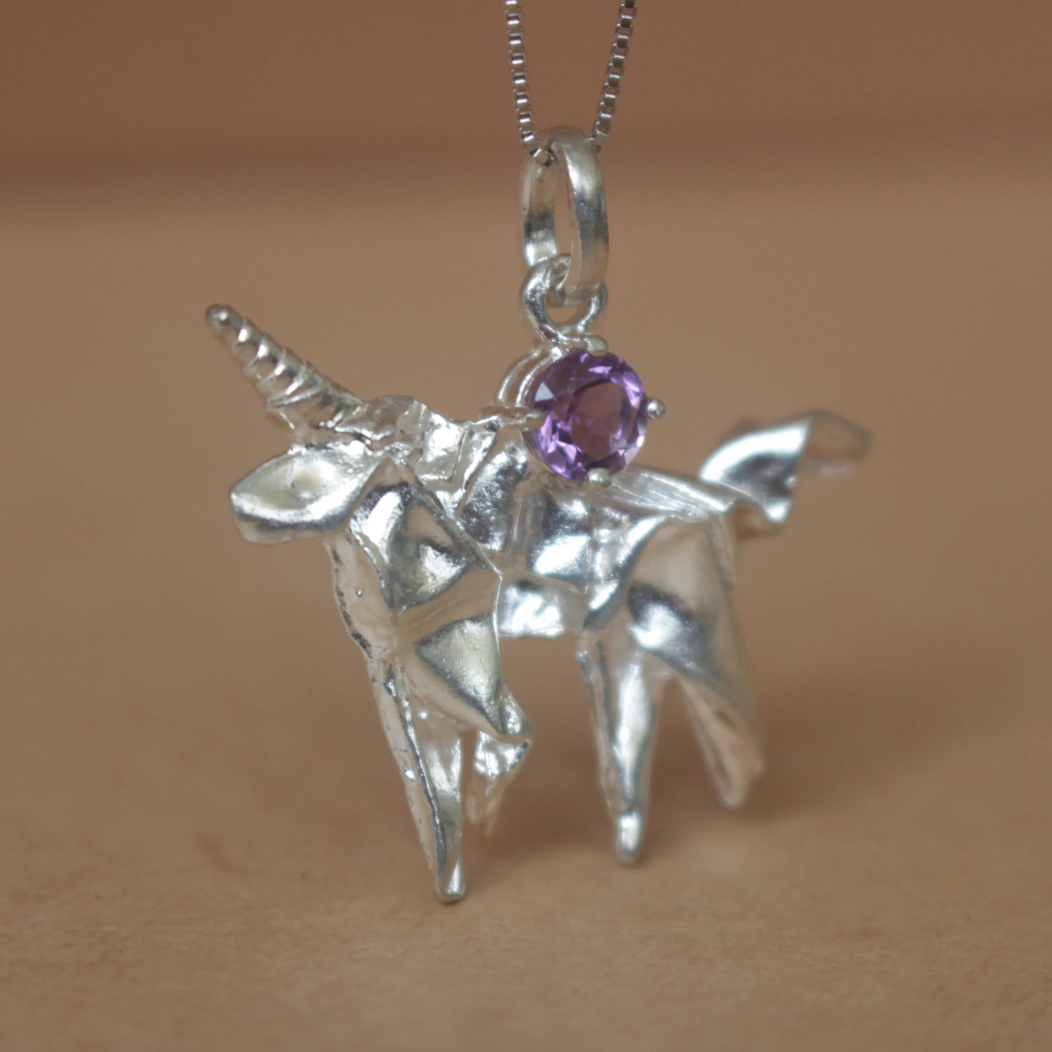 Silver Origami Unicorn Merry-go-round Necklace with Amethyst