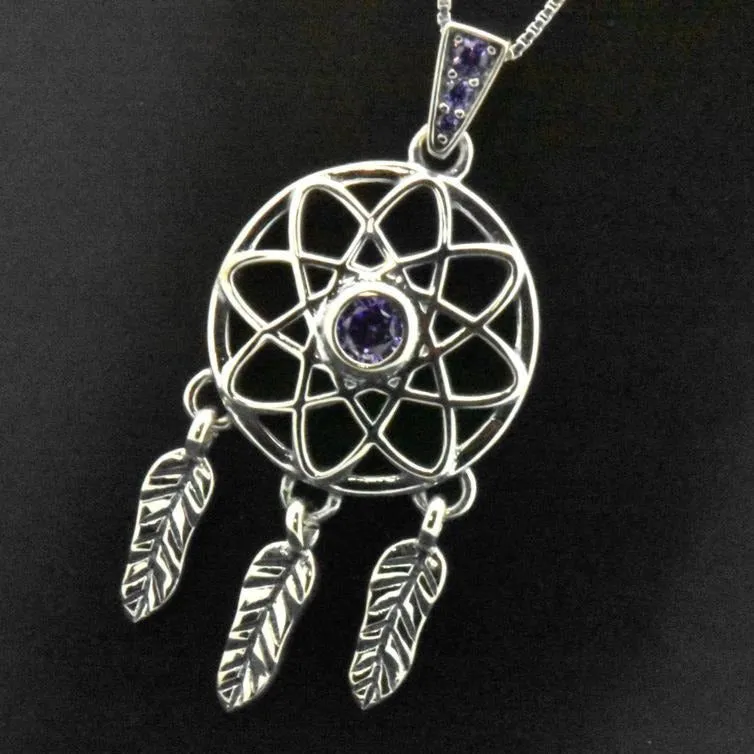 Sterling Silver Dream Catcher Amethyst Pendant Necklace
