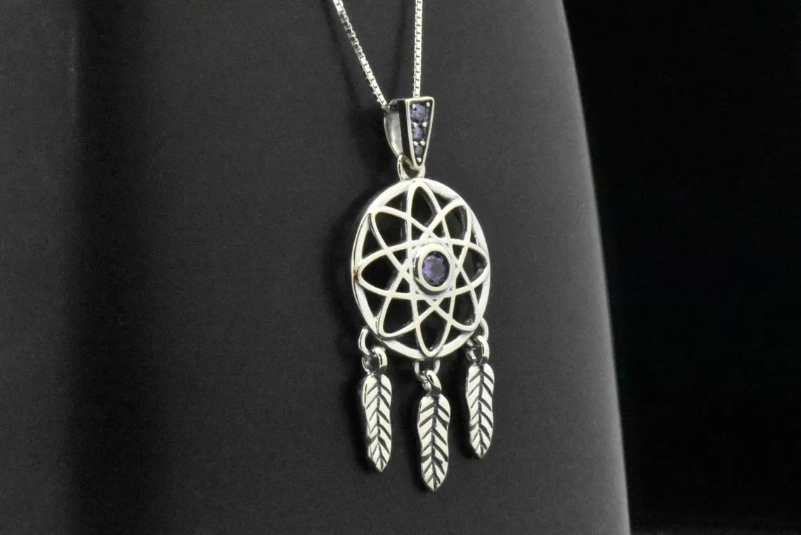 Sterling Silver Dream Catcher Amethyst Pendant Necklace