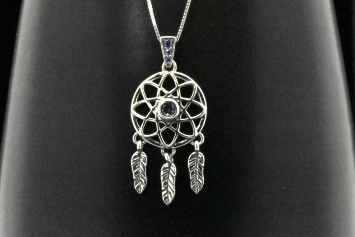 Sterling Silver Dream Catcher Amethyst Pendant Necklace