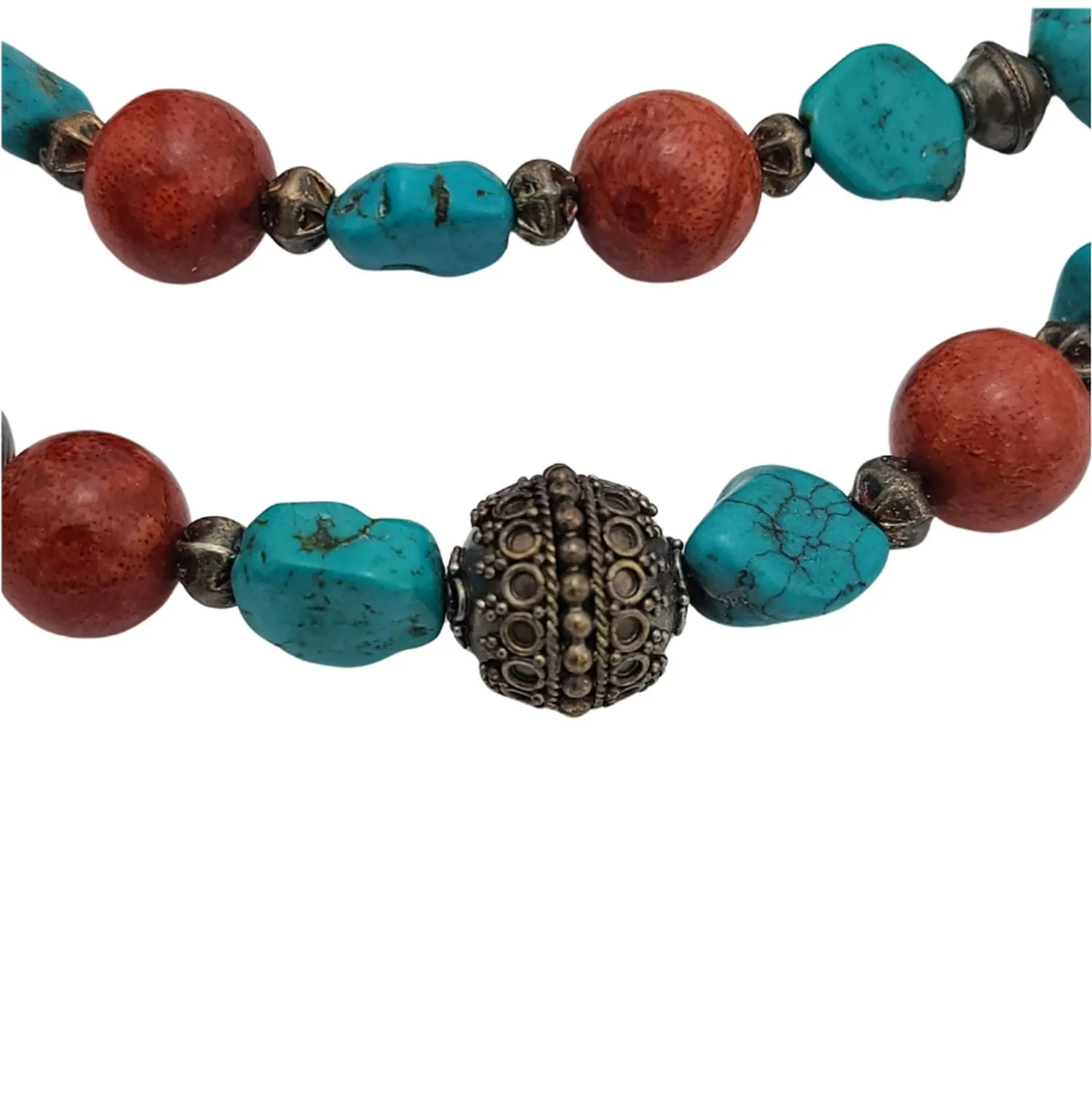 Stylish Beaded Necklace with Turquoise, Coral, and Antique Sterling Silver Beads.