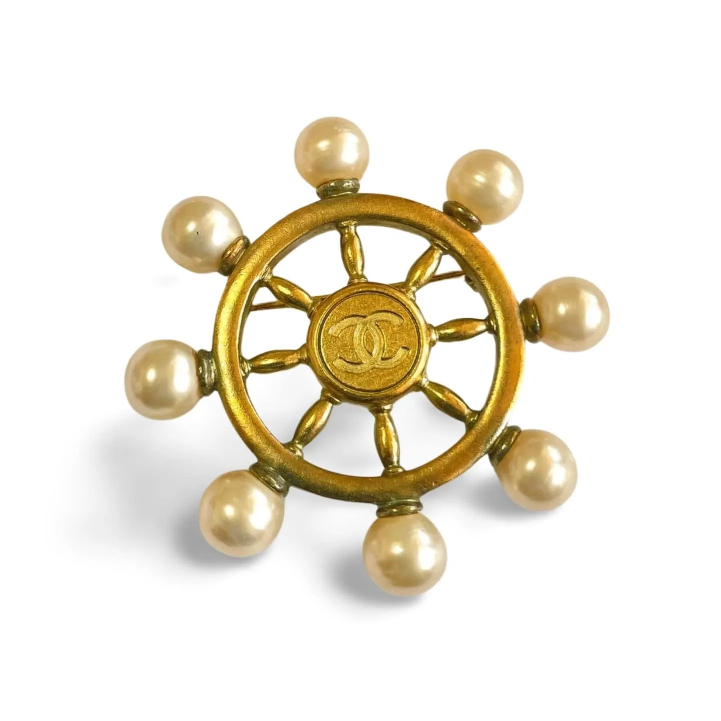 Vintage Chanel golden ship rudder design brooch with faux pearls and CC mark. Must have jewelry. Great gift. 050312ac3