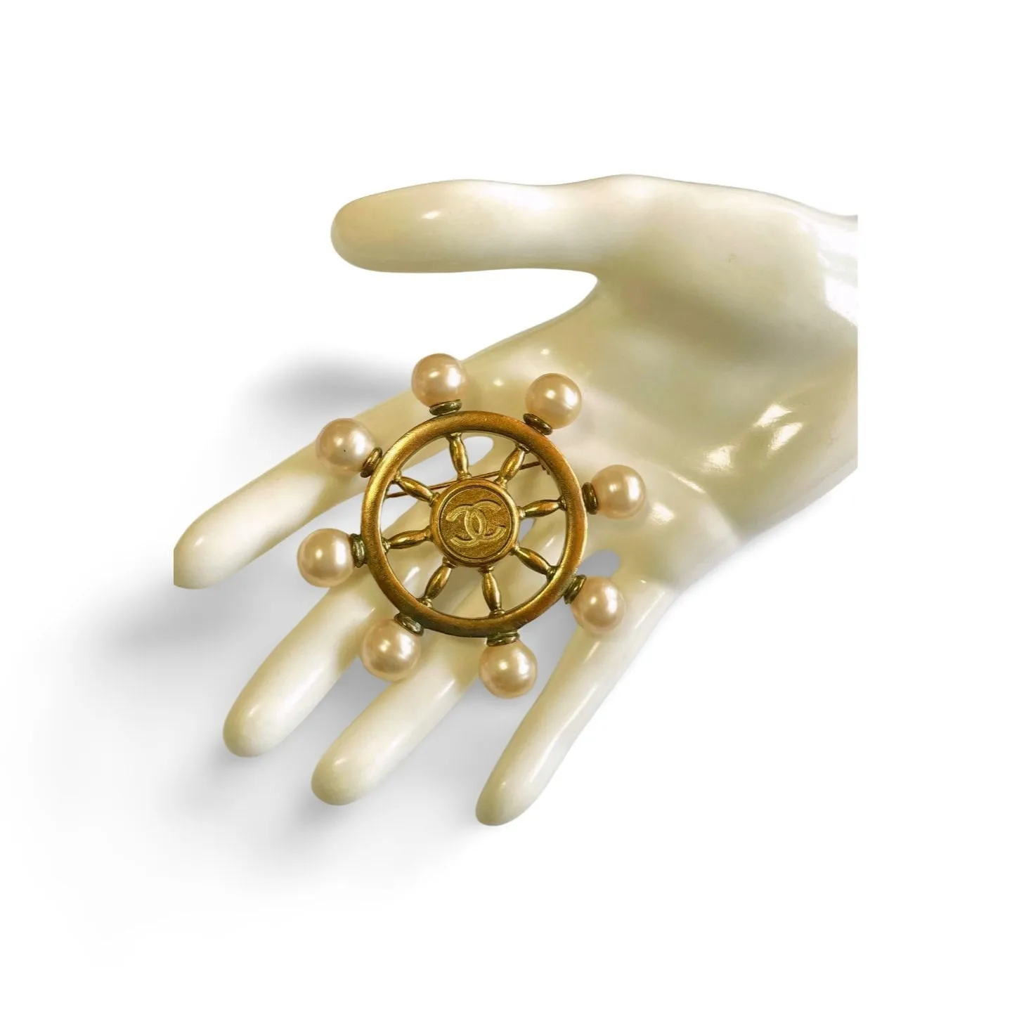 Vintage Chanel golden ship rudder design brooch with faux pearls and CC mark. Must have jewelry. Great gift. 050312ac3