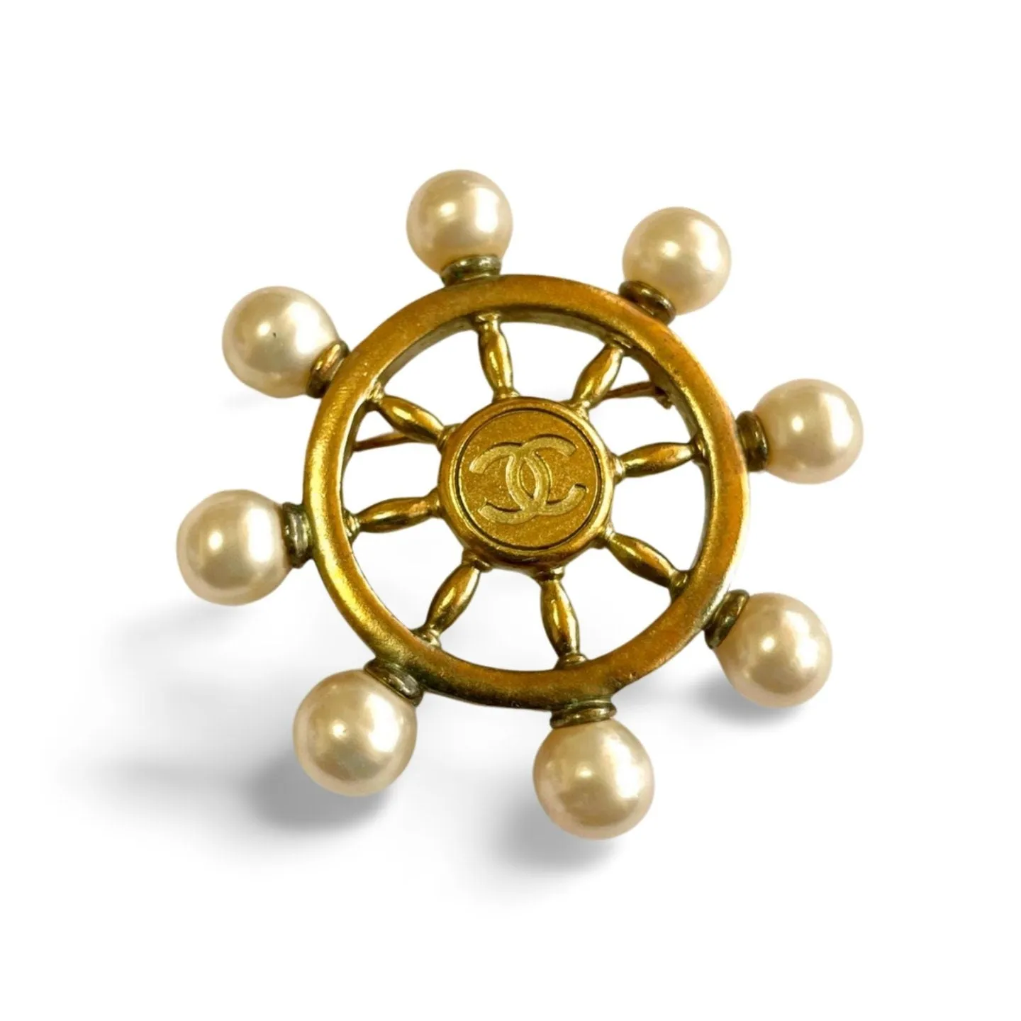 Vintage Chanel golden ship rudder design brooch with faux pearls and CC mark. Must have jewelry. Great gift. 050312ac3