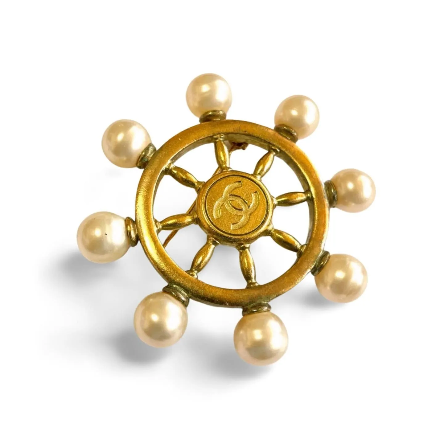 Vintage Chanel golden ship rudder design brooch with faux pearls and CC mark. Must have jewelry. Great gift. 050312ac3