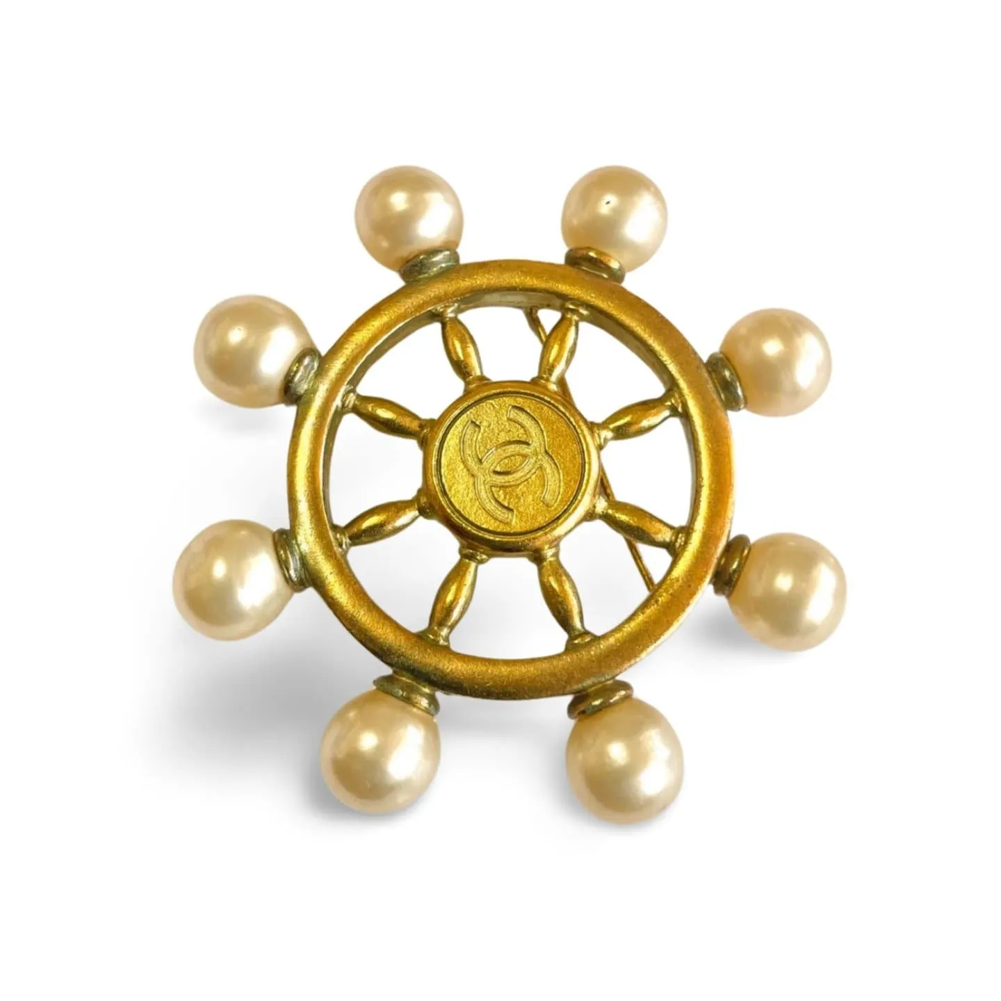 Vintage Chanel golden ship rudder design brooch with faux pearls and CC mark. Must have jewelry. Great gift. 050312ac3