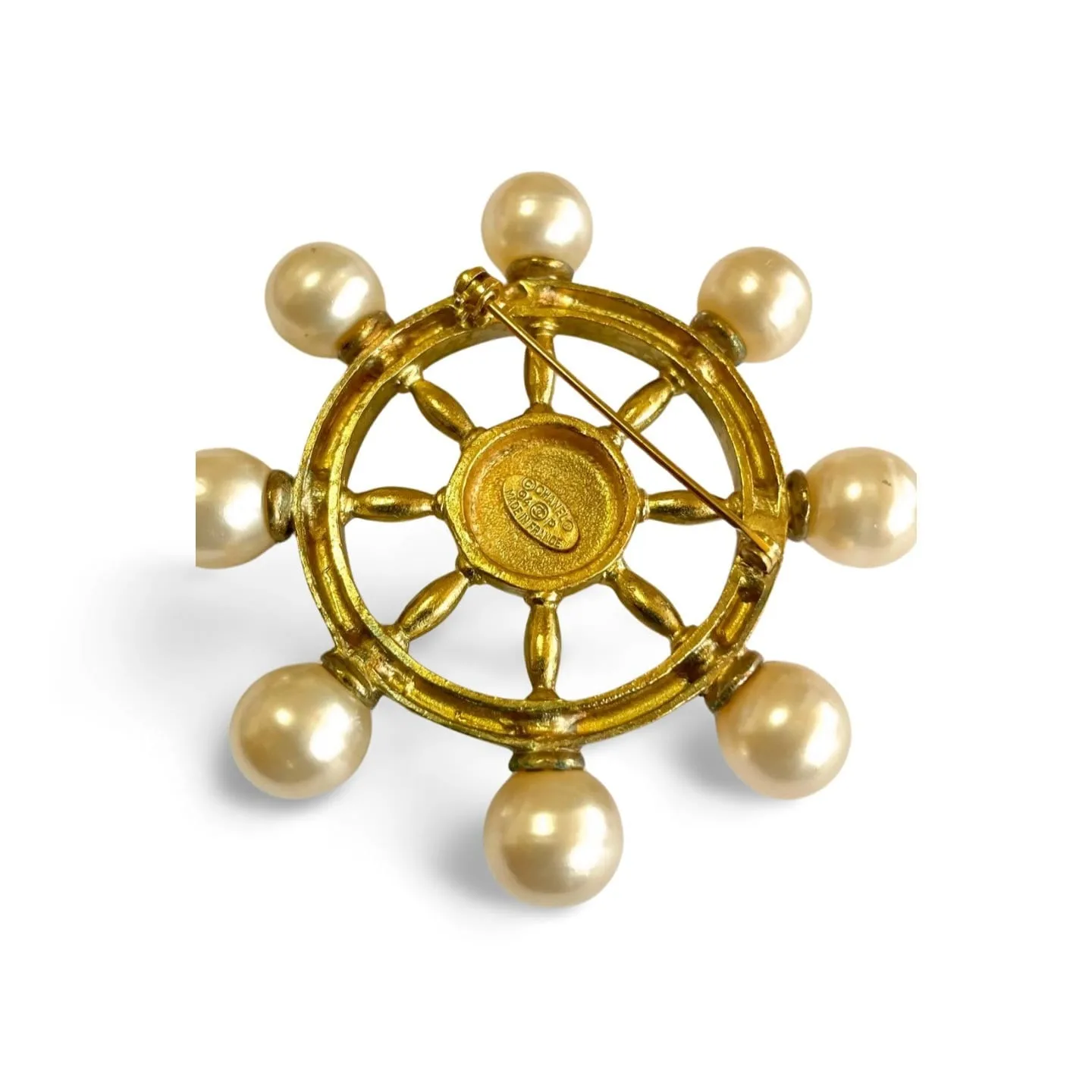 Vintage Chanel golden ship rudder design brooch with faux pearls and CC mark. Must have jewelry. Great gift. 050312ac3
