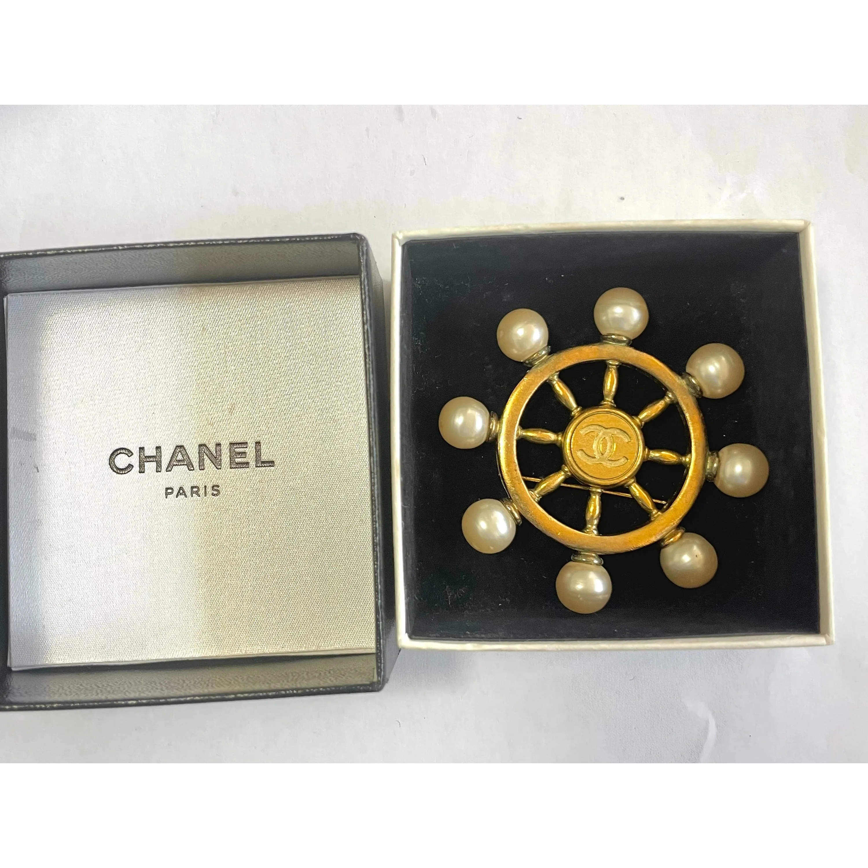Vintage Chanel golden ship rudder design brooch with faux pearls and CC mark. Must have jewelry. Great gift. 050312ac3